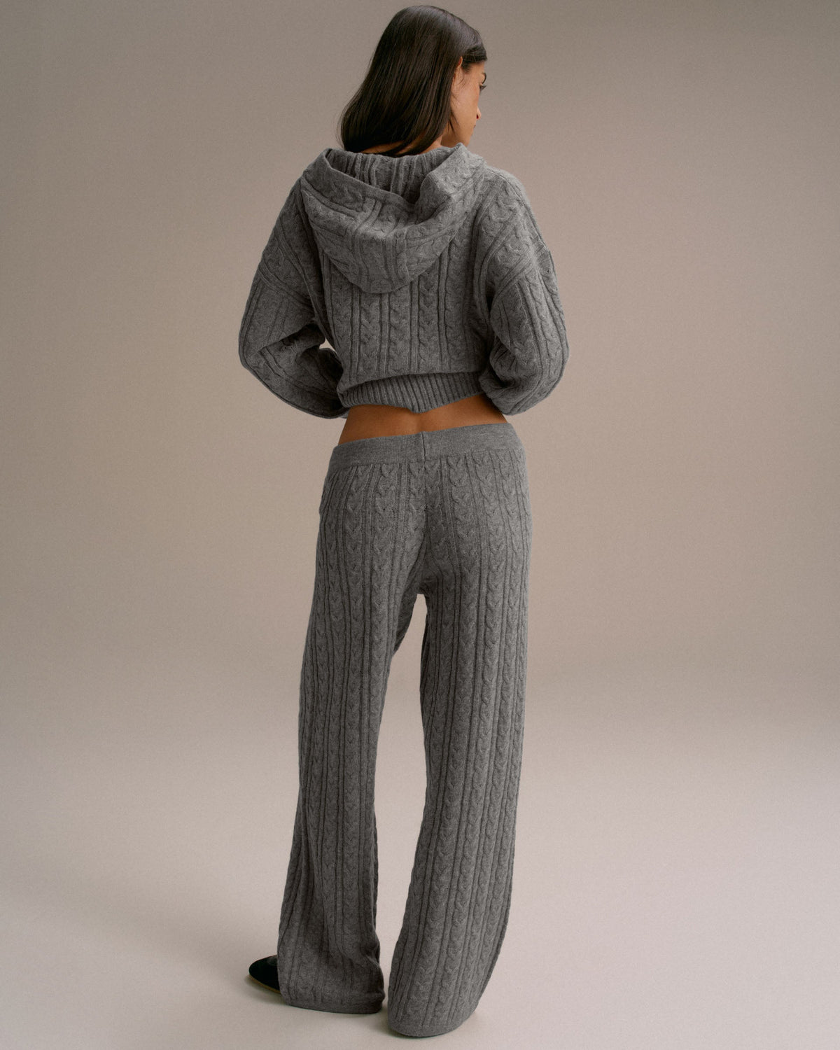 Cable Knit Straight Leg Trousers - Dark Grey Melange