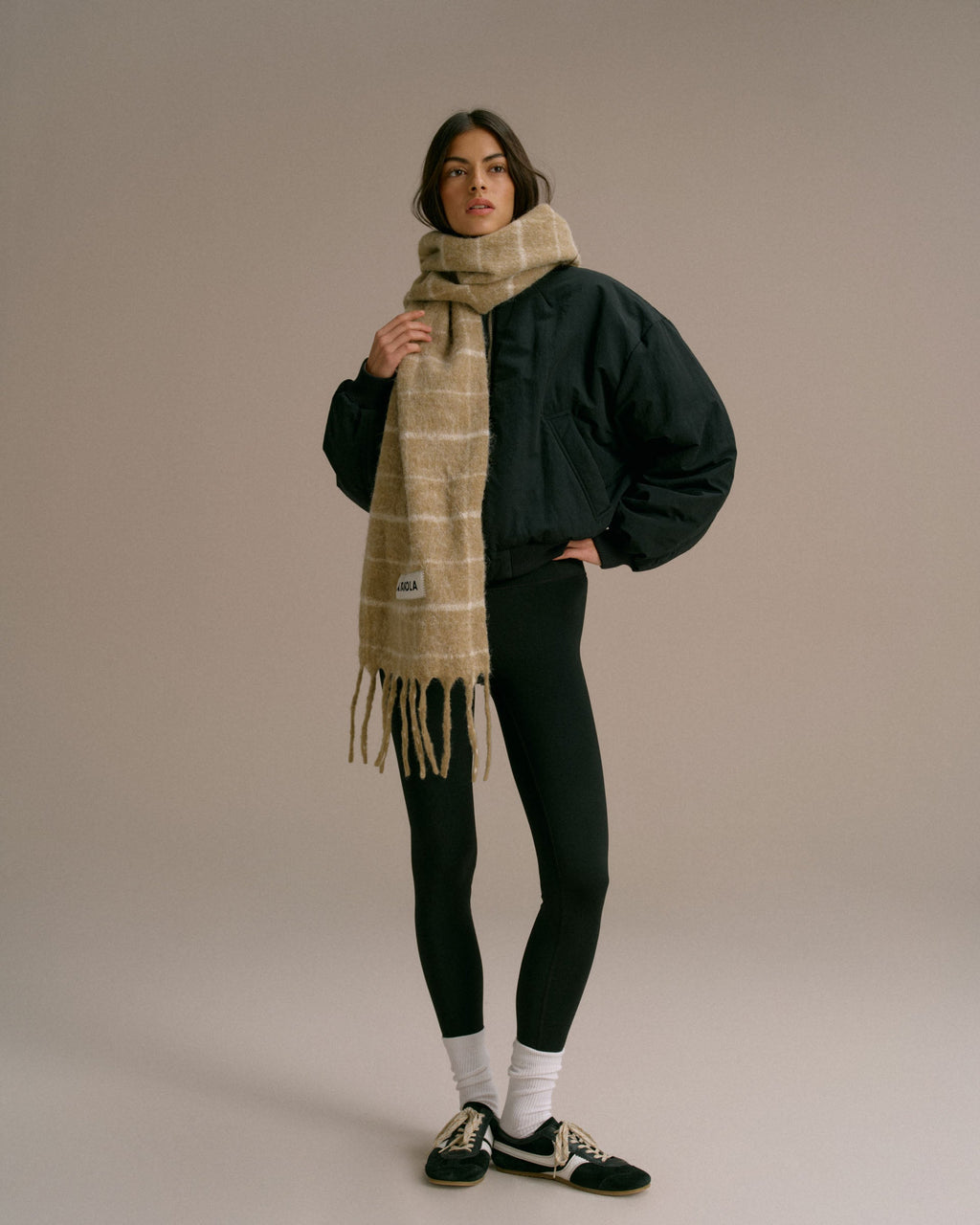 Wool Blend Brushed Checked Scarf - Stone/Marshmallow White