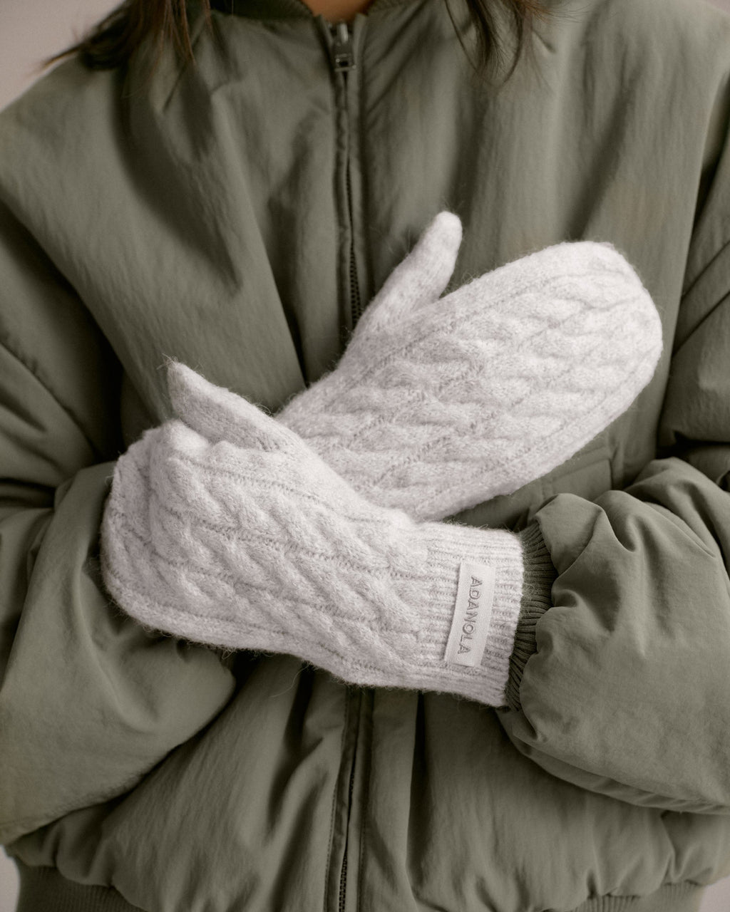 Cable Knit Mittens - Light Grey Melange