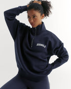 Varsity Relaxed Funnel Neck Zip Sweatshirt - Navy Blue