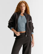 Varsity Ribbed Zip Through Knit Sweatshirt - Coffee Bean