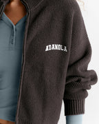 Varsity Ribbed Zip Through Knit Sweatshirt - Coffee Bean
