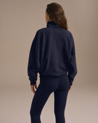 Varsity Oversized Funnel Neck Zip Sweatshirt - Navy Blue