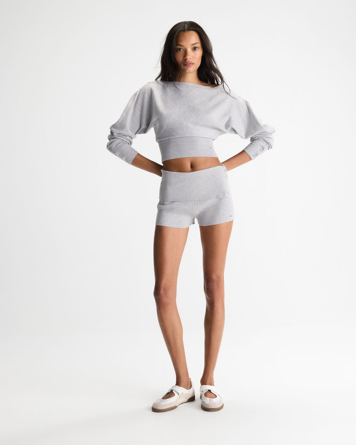 Knit Fold Over Shorts - Light Grey Melange
