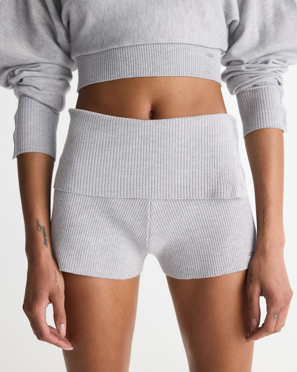 Knit Fold Over Shorts - Light Grey Melange