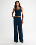 Fold Over Wide Leg Yoga Pants - Navy Blue