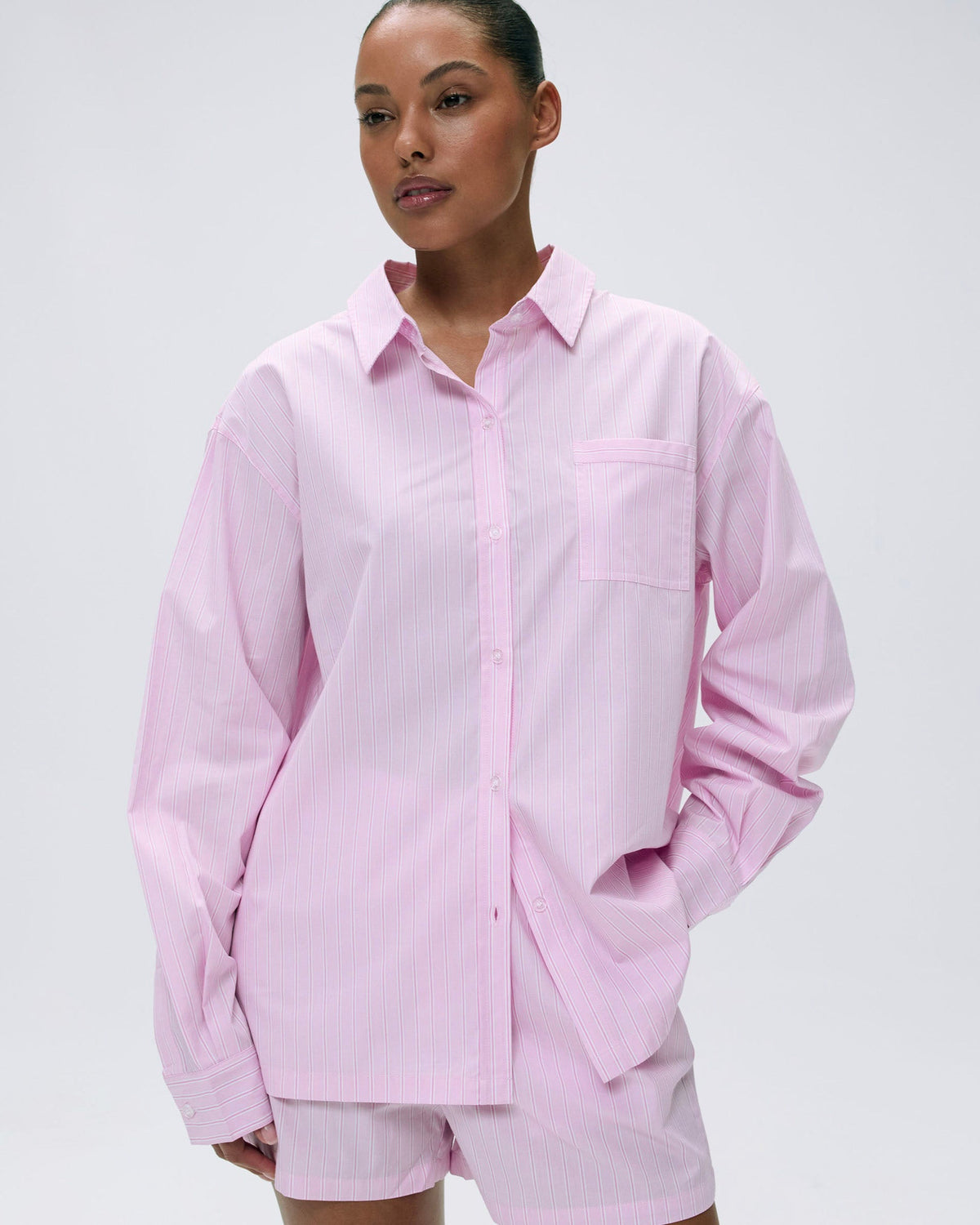 Cotton Stripe Oversized Shirt - Pink