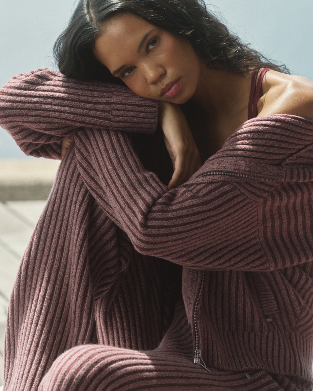 Two Tone Rib Knit Zip Through Hoodie - Damson Red